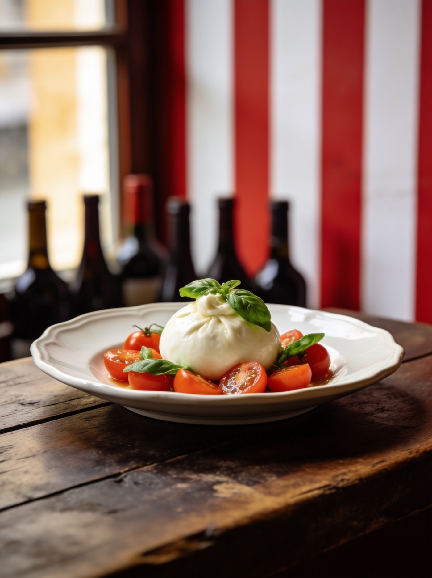 Burrata al Pomodoro auf dunklem Holztisch vor der rot-weiß gestreiften Wand