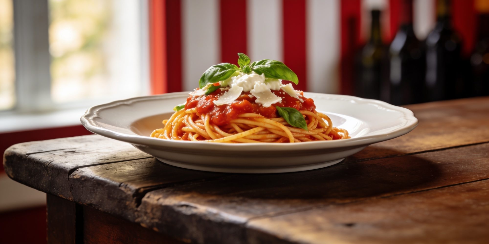 Spaghetti al Pomodoro auf dunklem Holztisch – Mittagskarte im Casa Culinaria Minden
